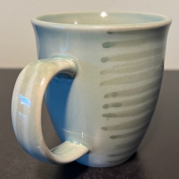 Jade Green Glossy Glaze Stoneware Mug Overlaid w/ Darker Green Stripes ~ Hygge - Picture 5 of 10